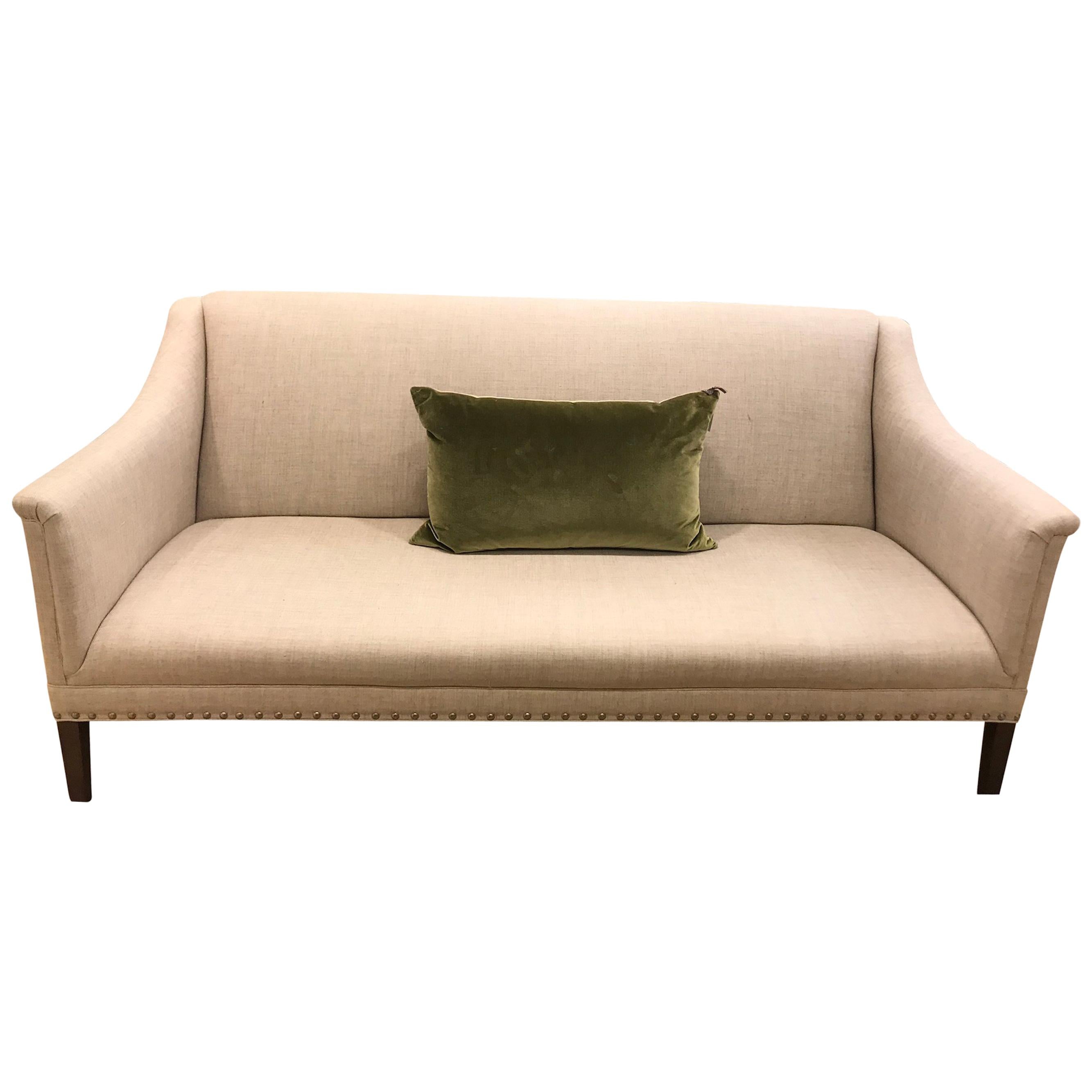 Schumacher Copenhagen Walnut Sofa Upholstered in Sahara Weave Fabric- Sample