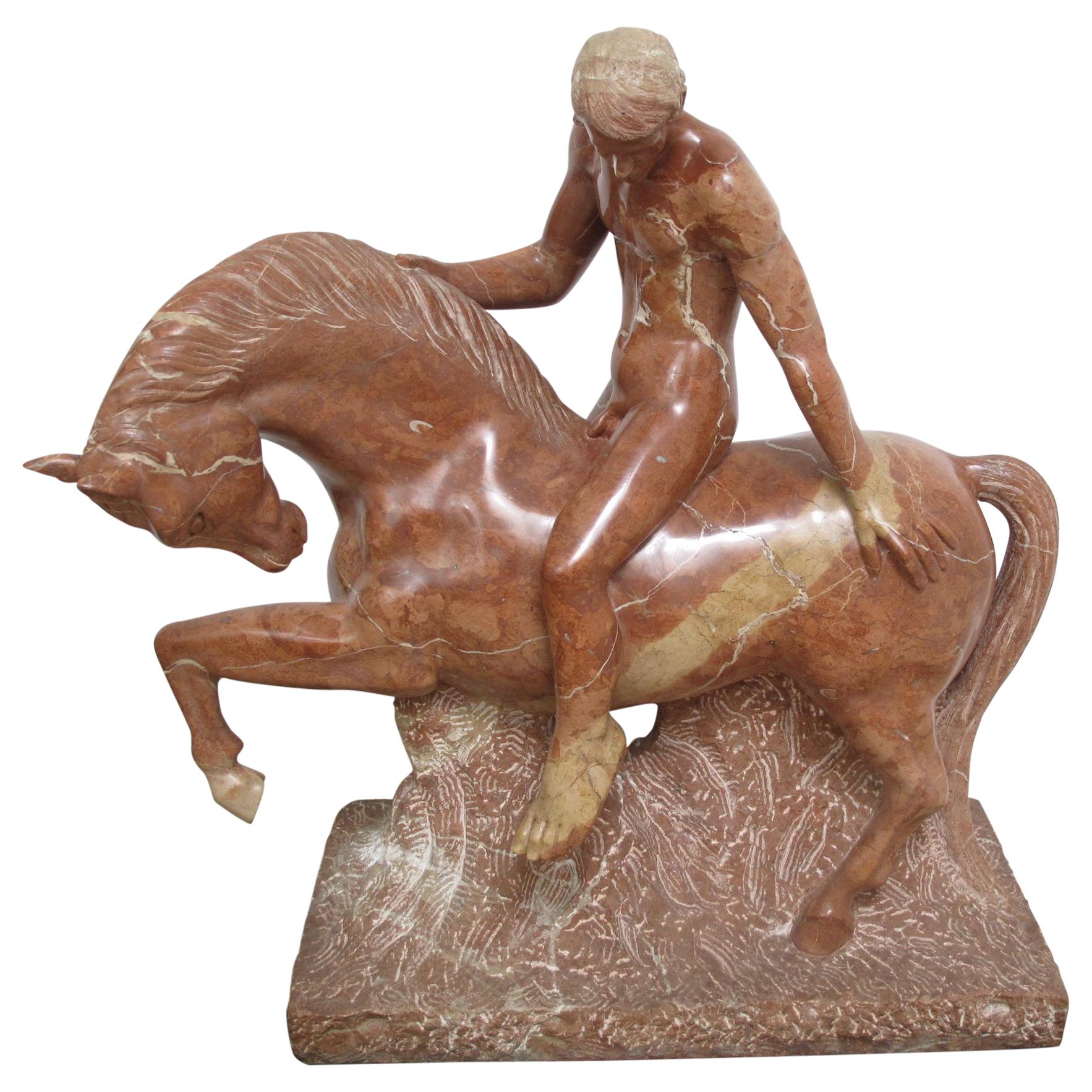 Equestrian Marble Sculpture by Luis Antonio Sanguino in Rosso Alicante Marble For Sale