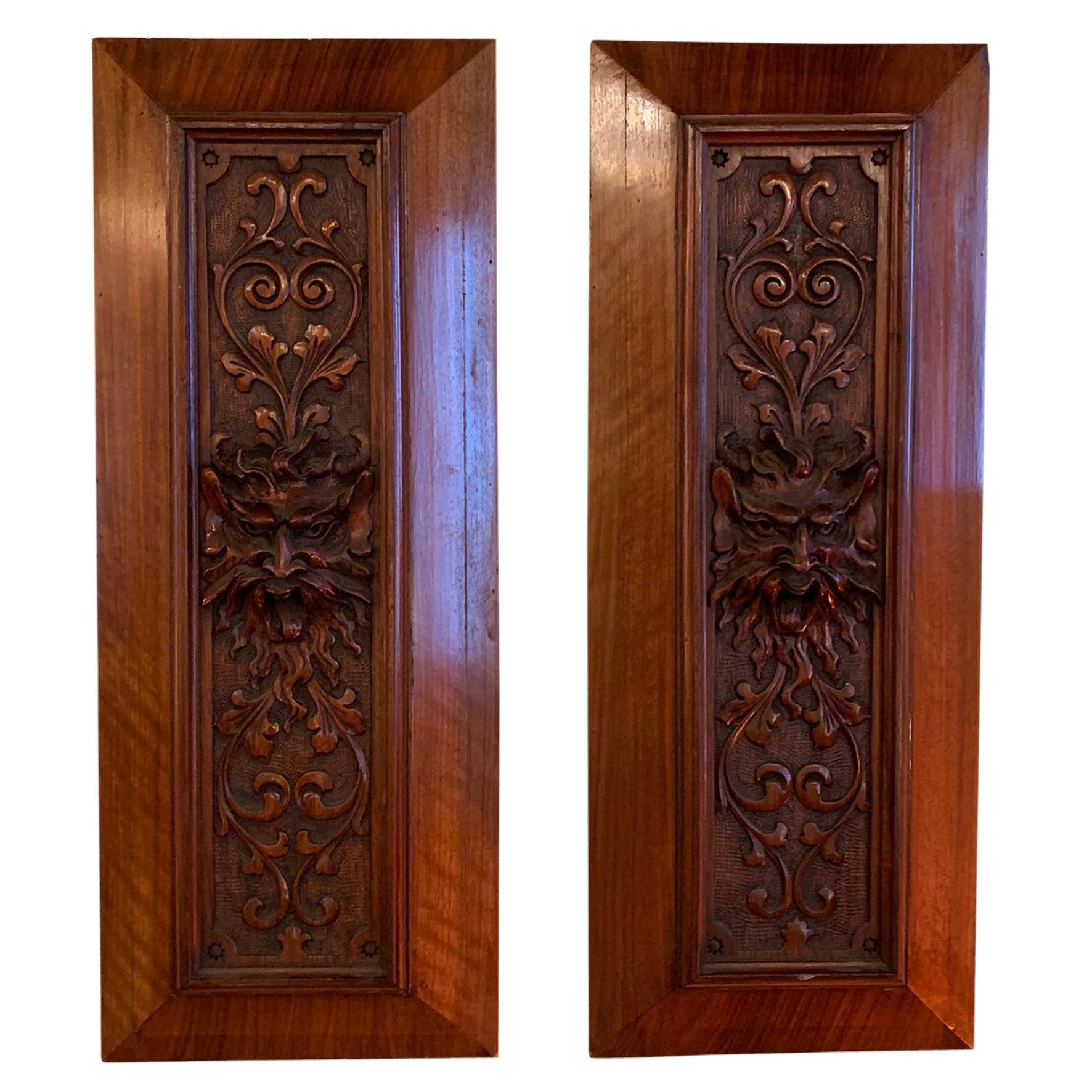Pair of Late 19th Century Carved Mahogany Gargoyle Panels