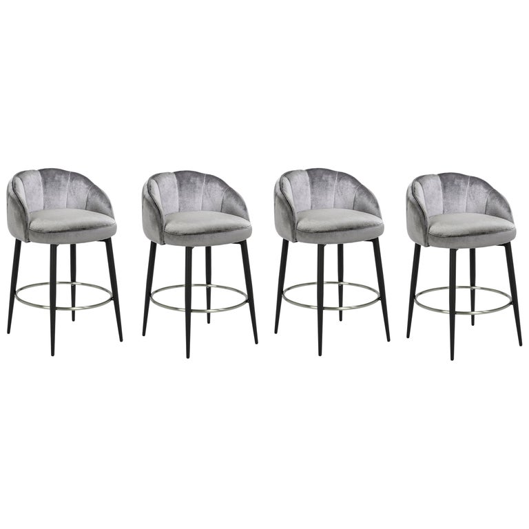Set Of 4 Mira Graphite Velvet Upholstered Counter Stool W Polished Set Of 4 Mira Graphite Velvet Upholstered Counter Stool W Polished Nickel Base For At 1stdibs