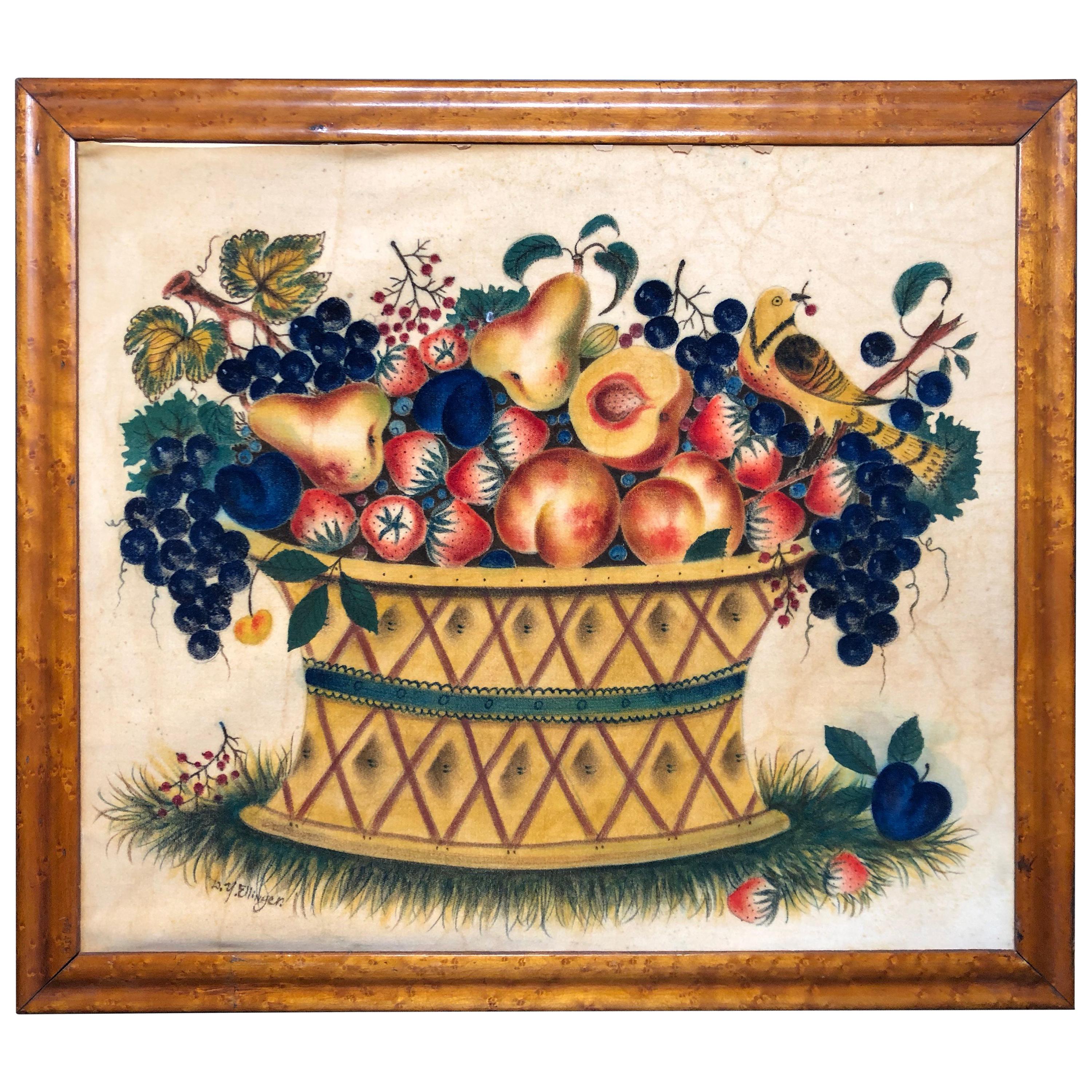 Theorem Watercolor on Velvet Large Basket Yellow Birds by David Y Ellinger For Sale