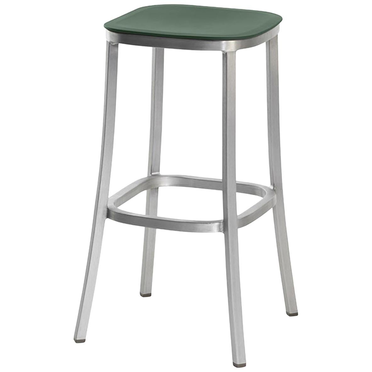 Emeco 1 Inch Barstool in Brushed Aluminum and Green by Jasper Morrison
