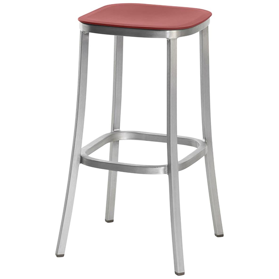 Emeco 1 Inch Barstool in Brushed Aluminum and Red Ochre by Jasper Morrison