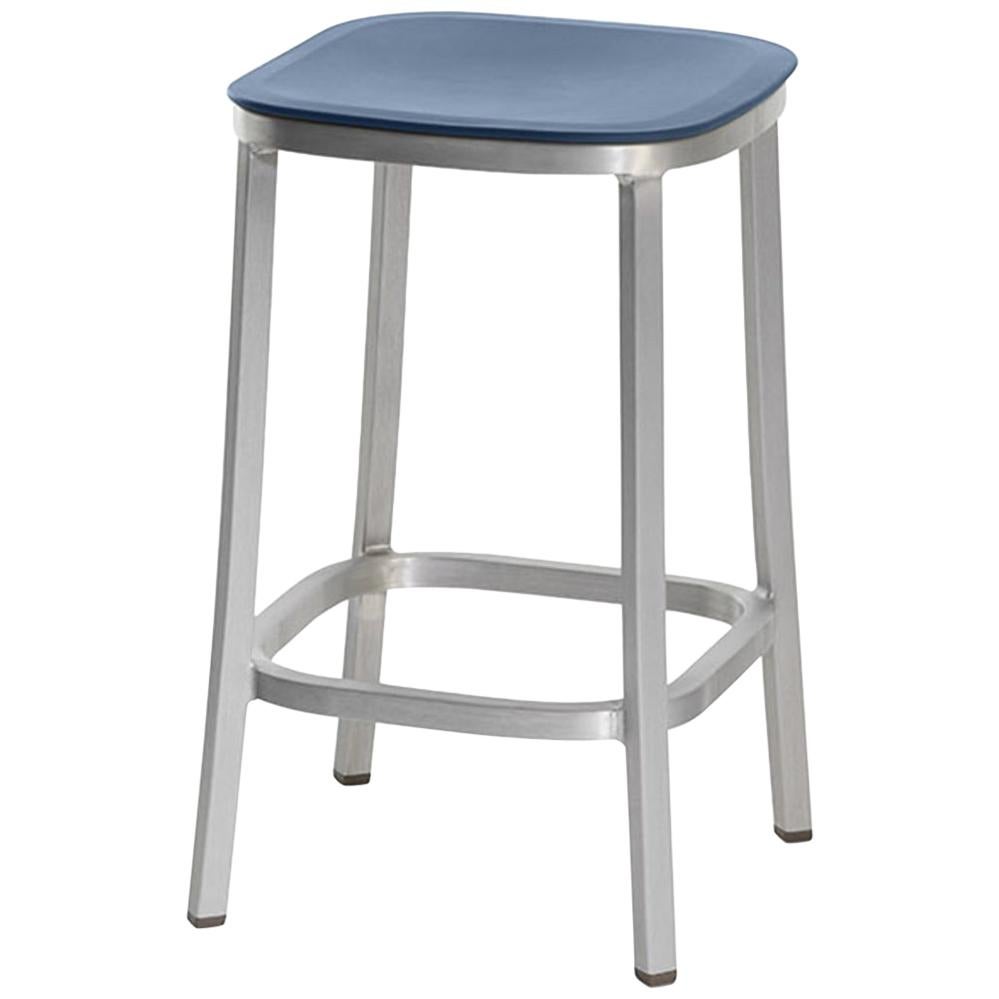 Emeco 1 Inch Counter Stool in Brushed Aluminium & Blue by Jasper Morrison For Sale
