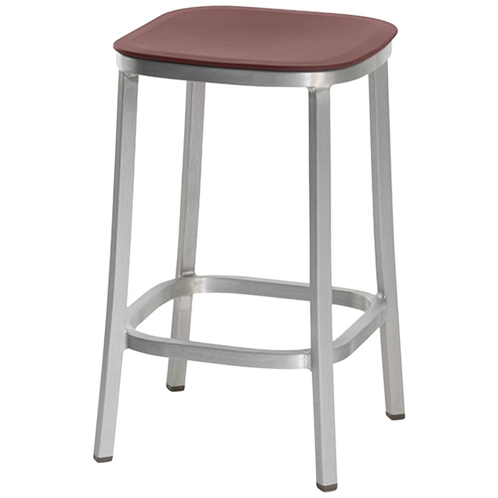 Emeco 1 Inch Counter Stool in Brushed Aluminum and Bordeaux by Jasper Morrison