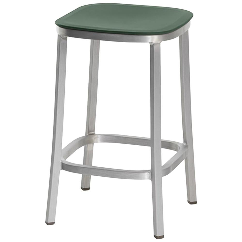 Emeco 1 Inch Counter Stool in Brushed Aluminum and Green by Jasper Morrison For Sale