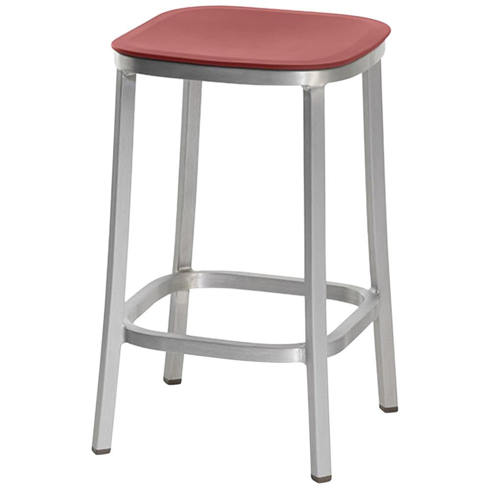Emeco 1 Inch Counter Stool in Brushed Aluminium & Red Ochre by Jasper Morrison