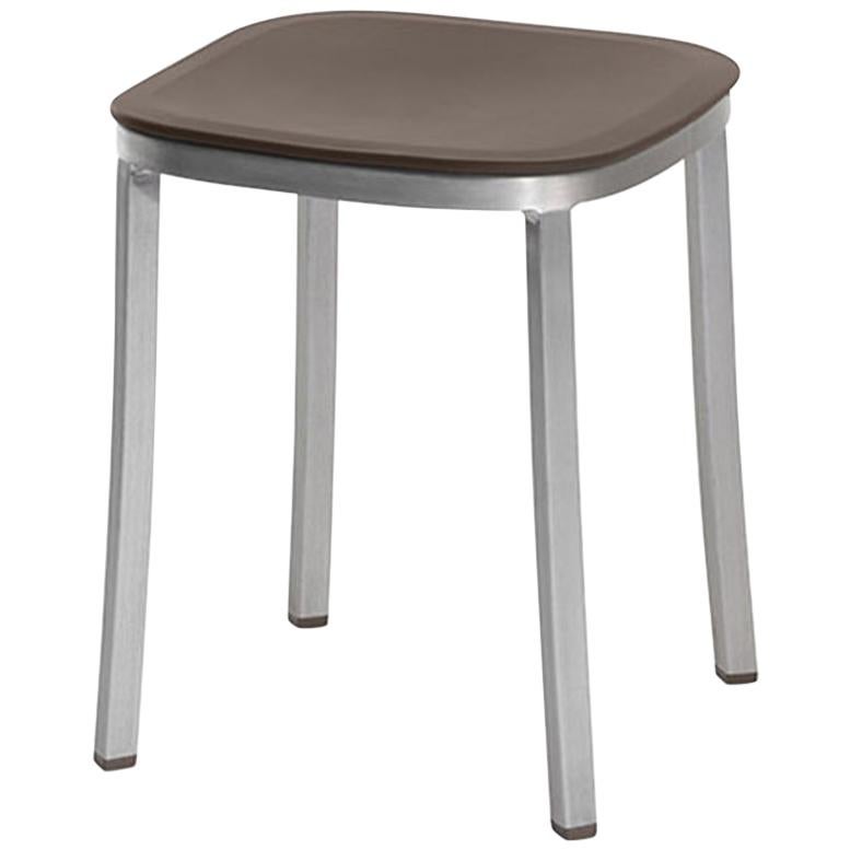 Emeco 1 Inch Small Stool in Brushed Aluminium & Brown by Jasper Morrison