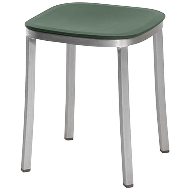 Emeco 1 Inch Small Stool in Brushed Aluminum and Green by Jasper Morrison For Sale
