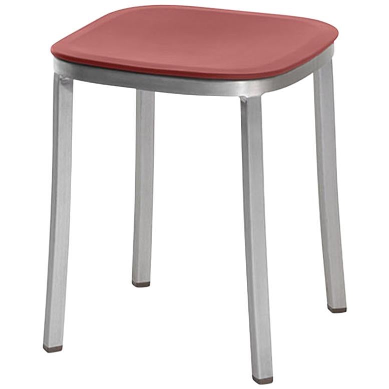 Emeco Small Stool in Brushed Aluminum & Red Ochre by Jasper Morrison For Sale