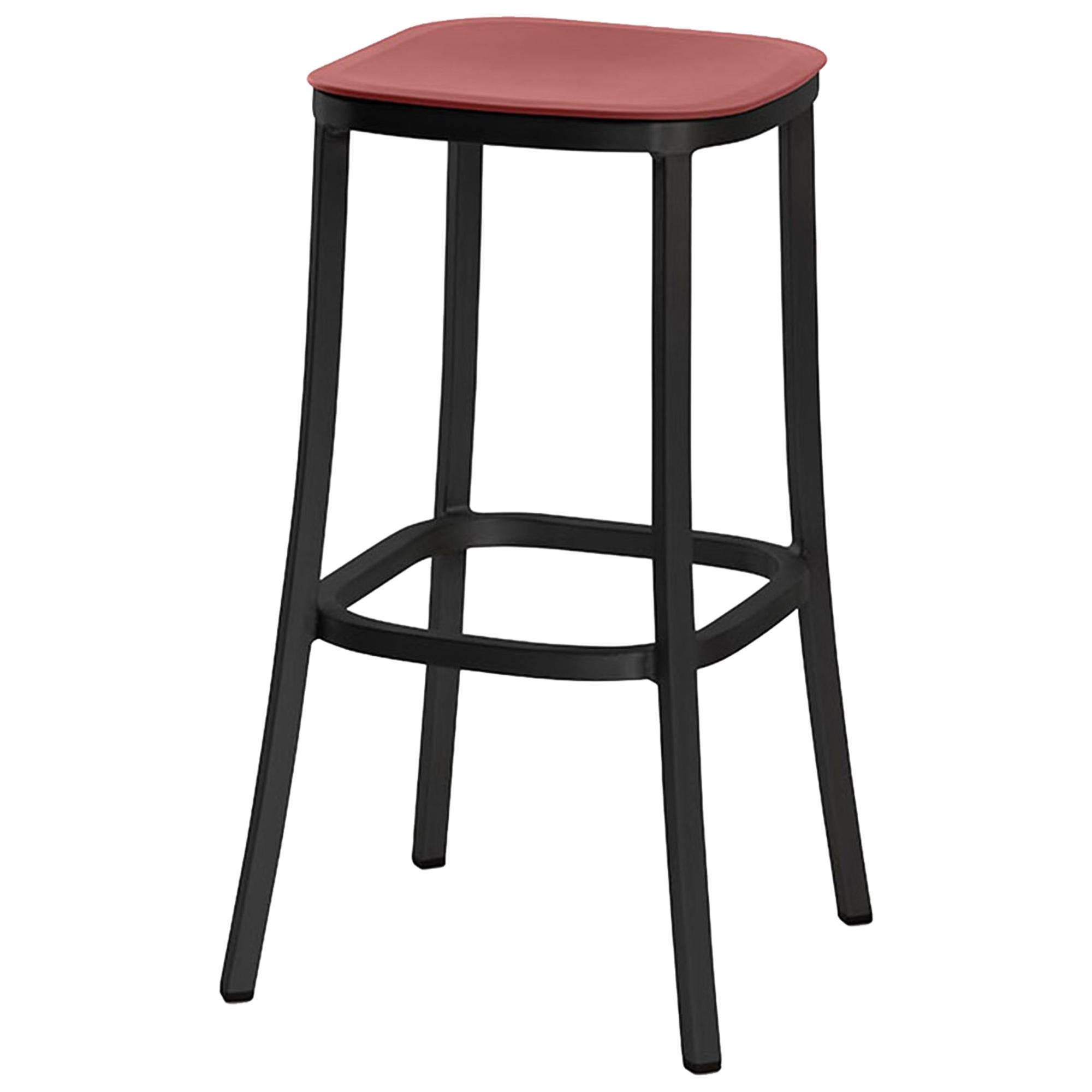 Emeco 1 Inch Barstool in Dark Aluminum and Red Ochre by Jasper Morrison For Sale