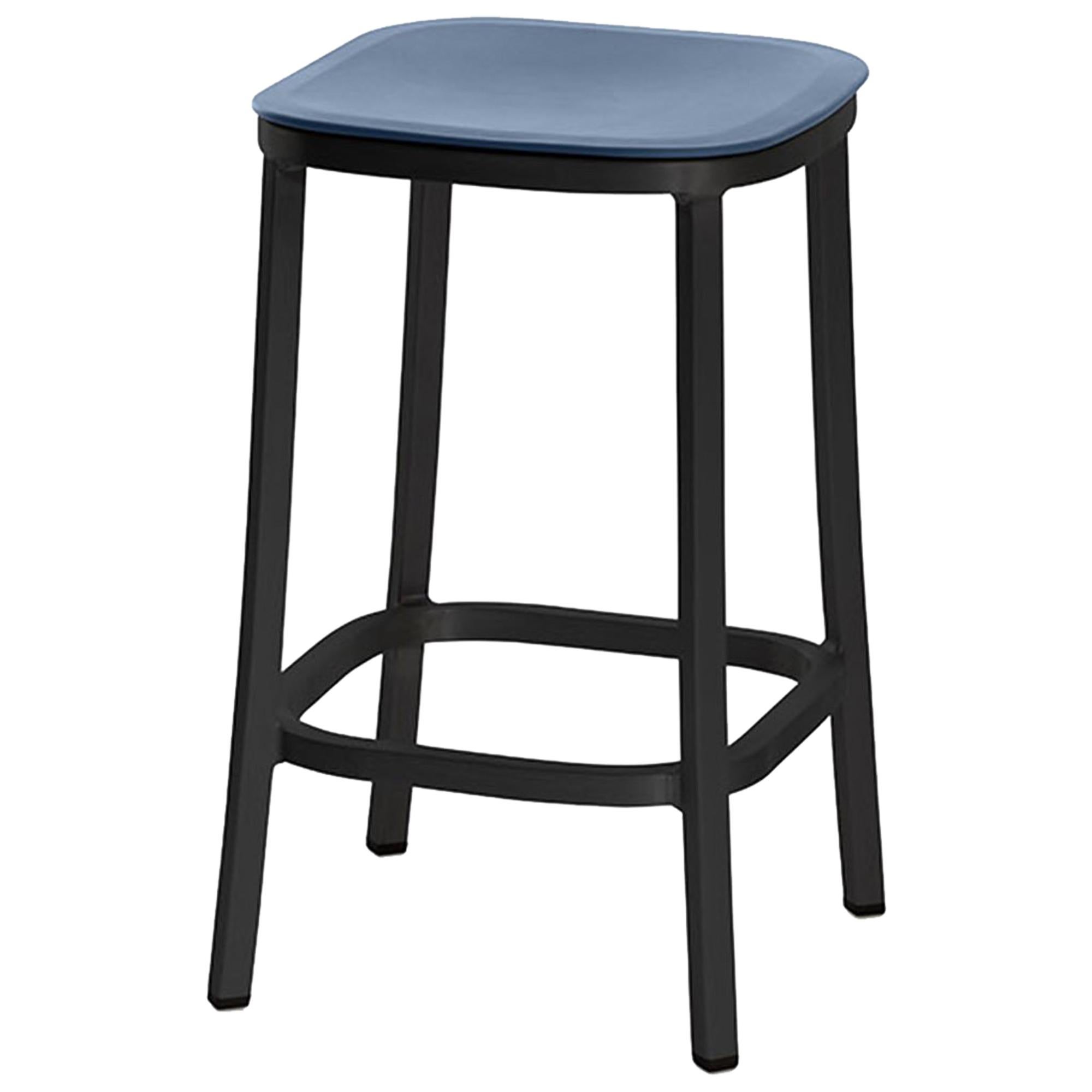 Emeco 1 Inch Counter Stool in Dark Aluminum and Blue by Jasper Morrison For Sale