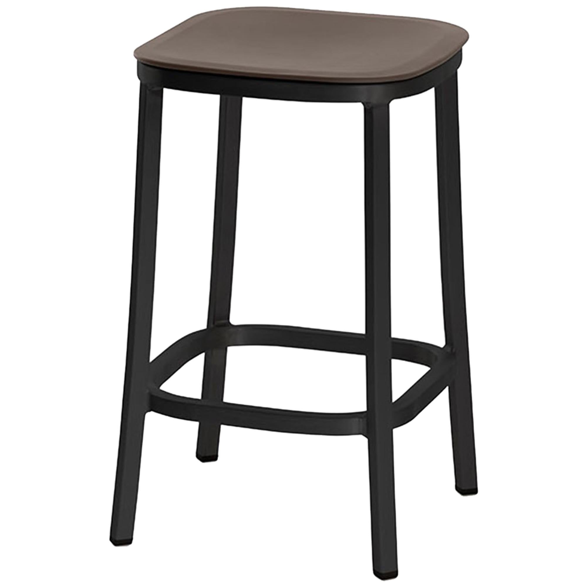 Emeco 1 Inch Counter Stool in Dark Aluminum and Brown by Jasper Morrison