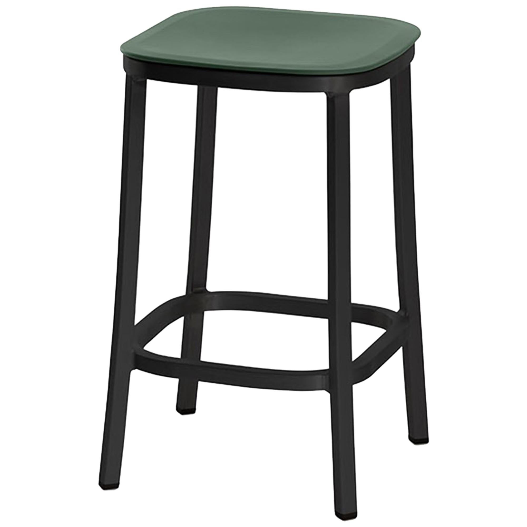 Emeco 1 Inch Counter Stool in Dark Aluminum and Green by Jasper Morrison