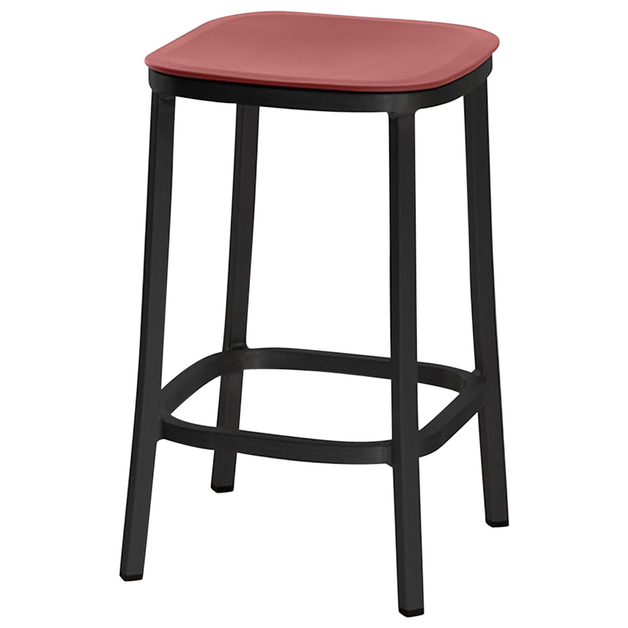 Emeco 1 Inch Counter Stool in Dark Aluminum and Red Ochre by Jasper Morrison For Sale