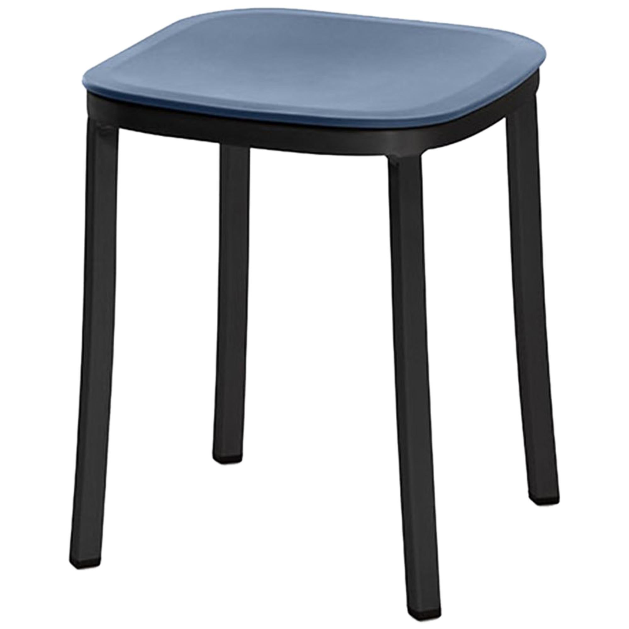 Emeco 1 Inch Small Stool in Dark Aluminum and Blue by Jasper Morrison For Sale