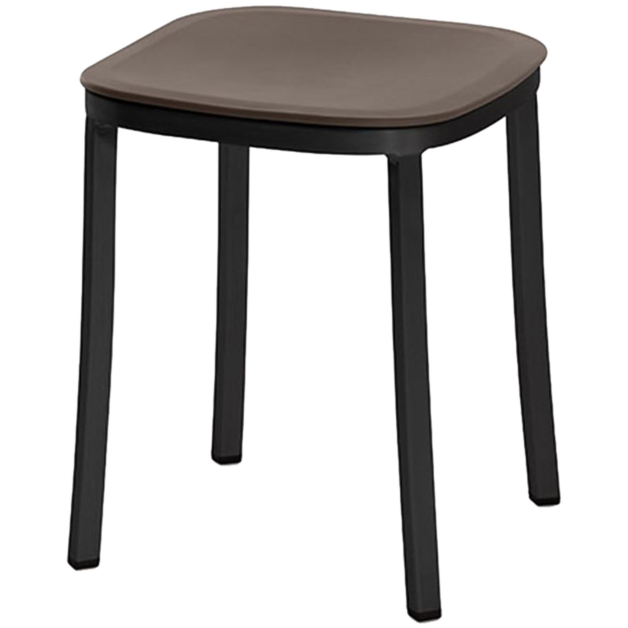 Emeco 1 Inch Small Stool in Dark Aluminum and Brown by Jasper Morrison For Sale