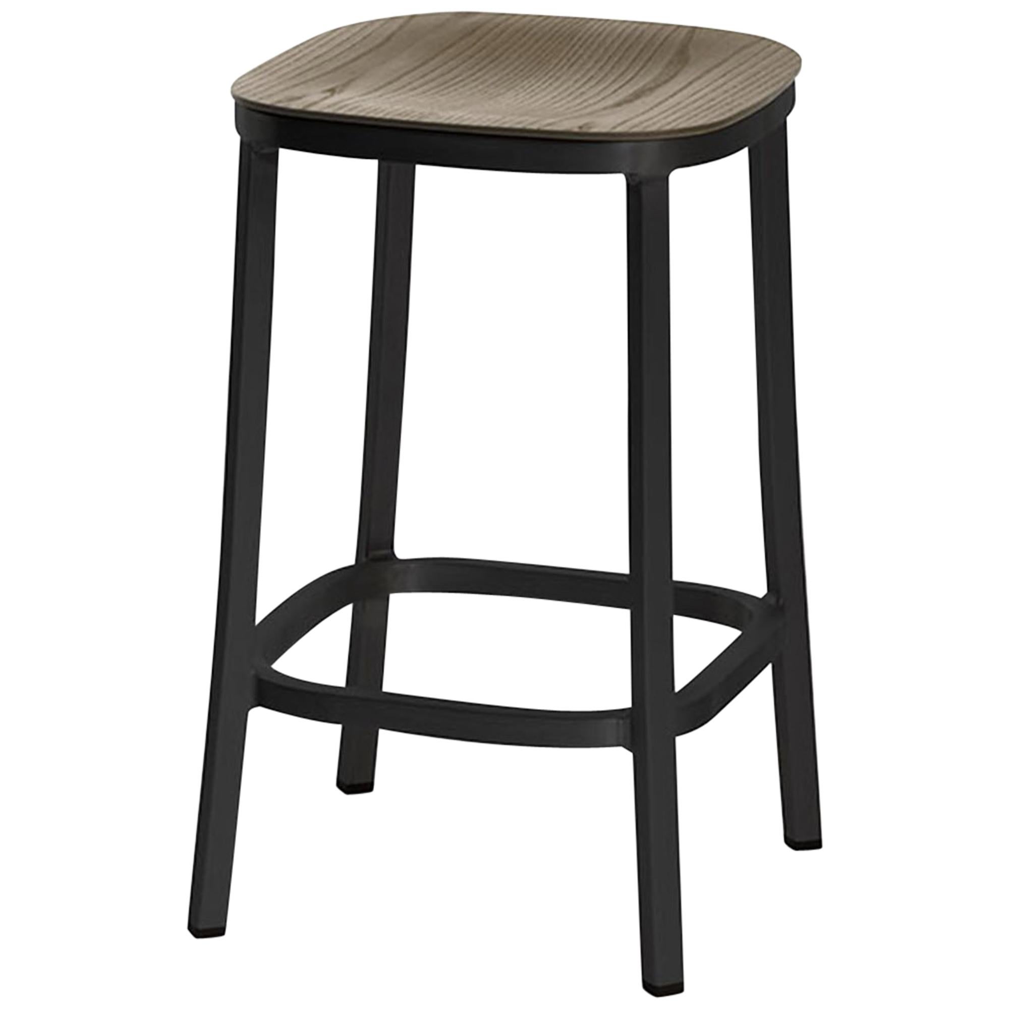 Emeco 1 Inch Counter Stool in Dark Aluminum and Walnut by Jasper Morrison For Sale