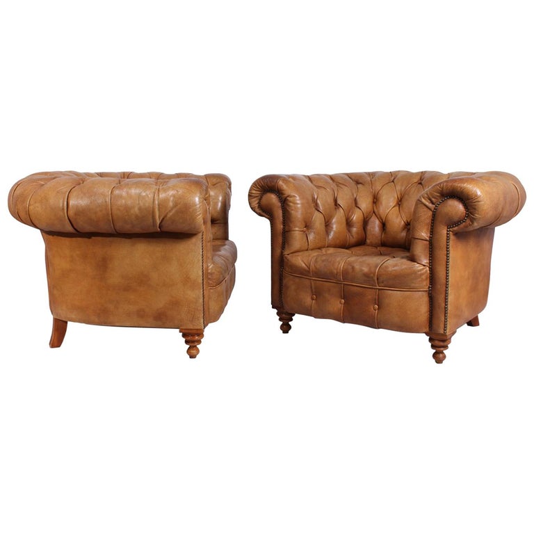 Pair of Tan Leather Chesterfield Club Chairs at 1stDibs