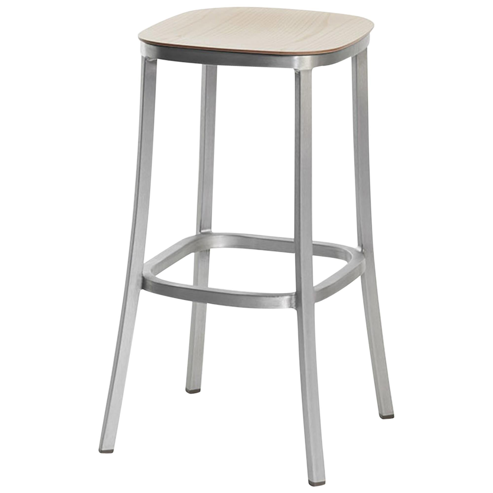 Emeco 1 Inch Barstool in Brushed Aluminum and Ash by Jasper Morrison For Sale