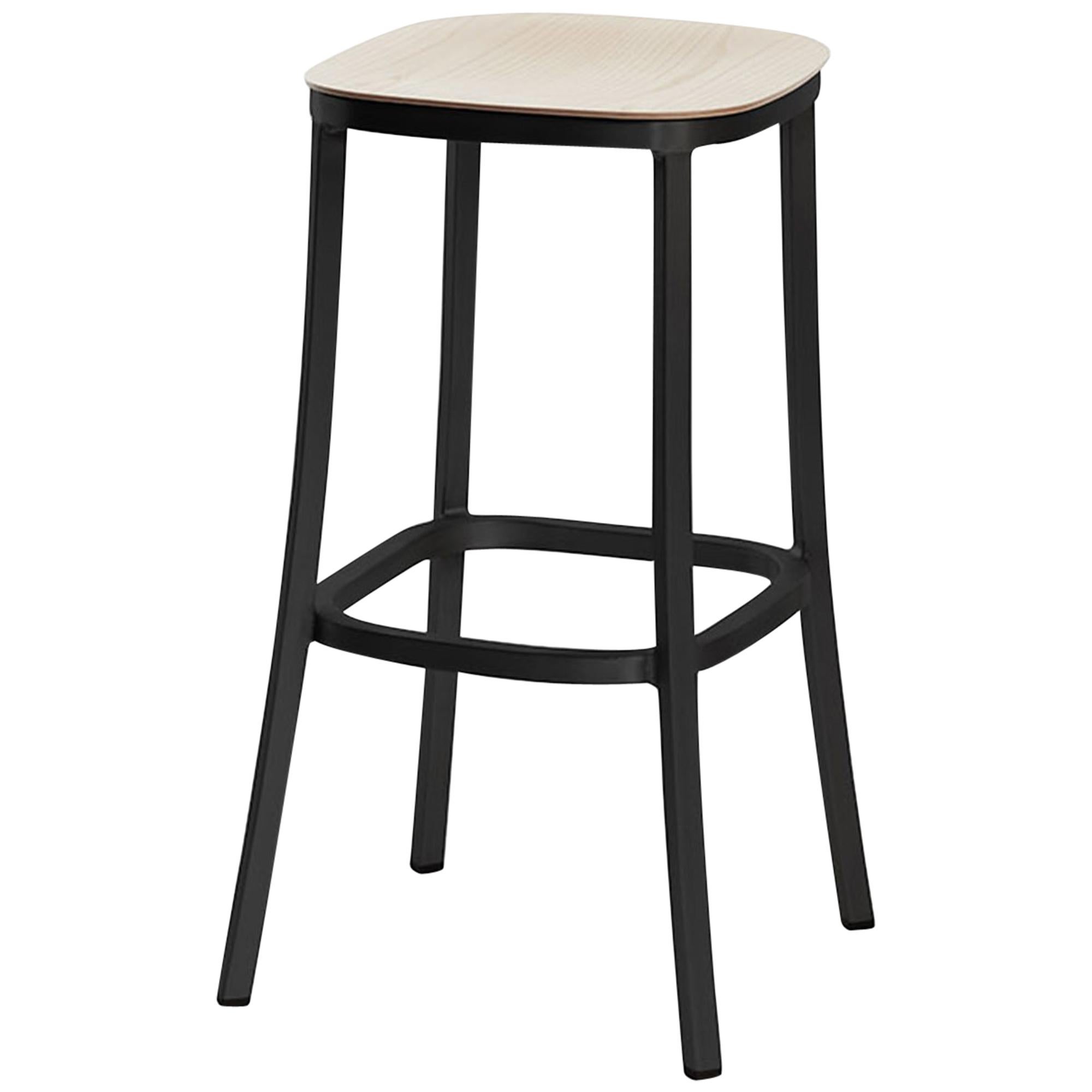 Emeco 1 Inch Barstool in Dark Powder-Coated Aluminum and Ash by Jasper Morrison For Sale