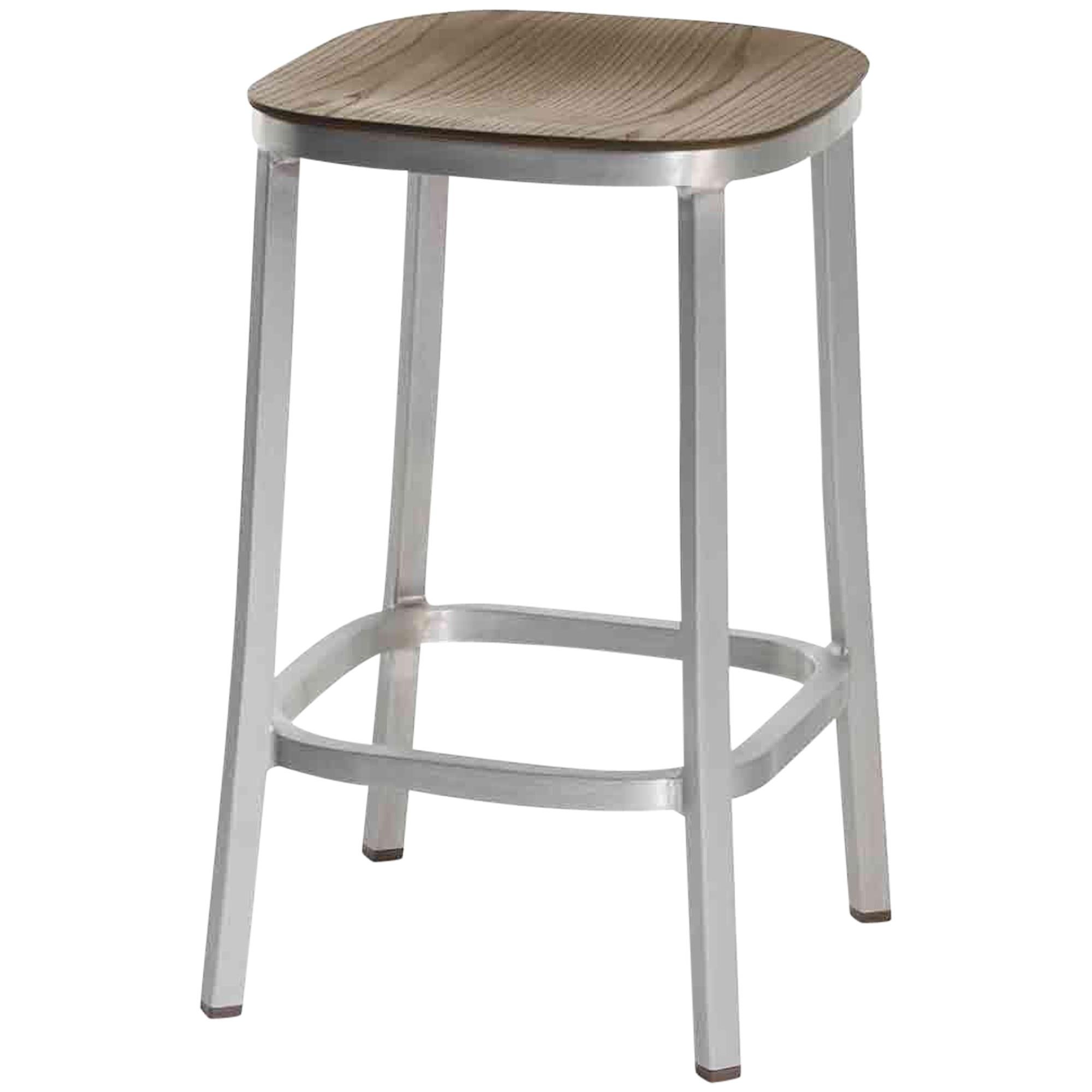 Emeco 1 Inch Counter Stool in Brushed Aluminum and Walnut by Jasper Morrison
