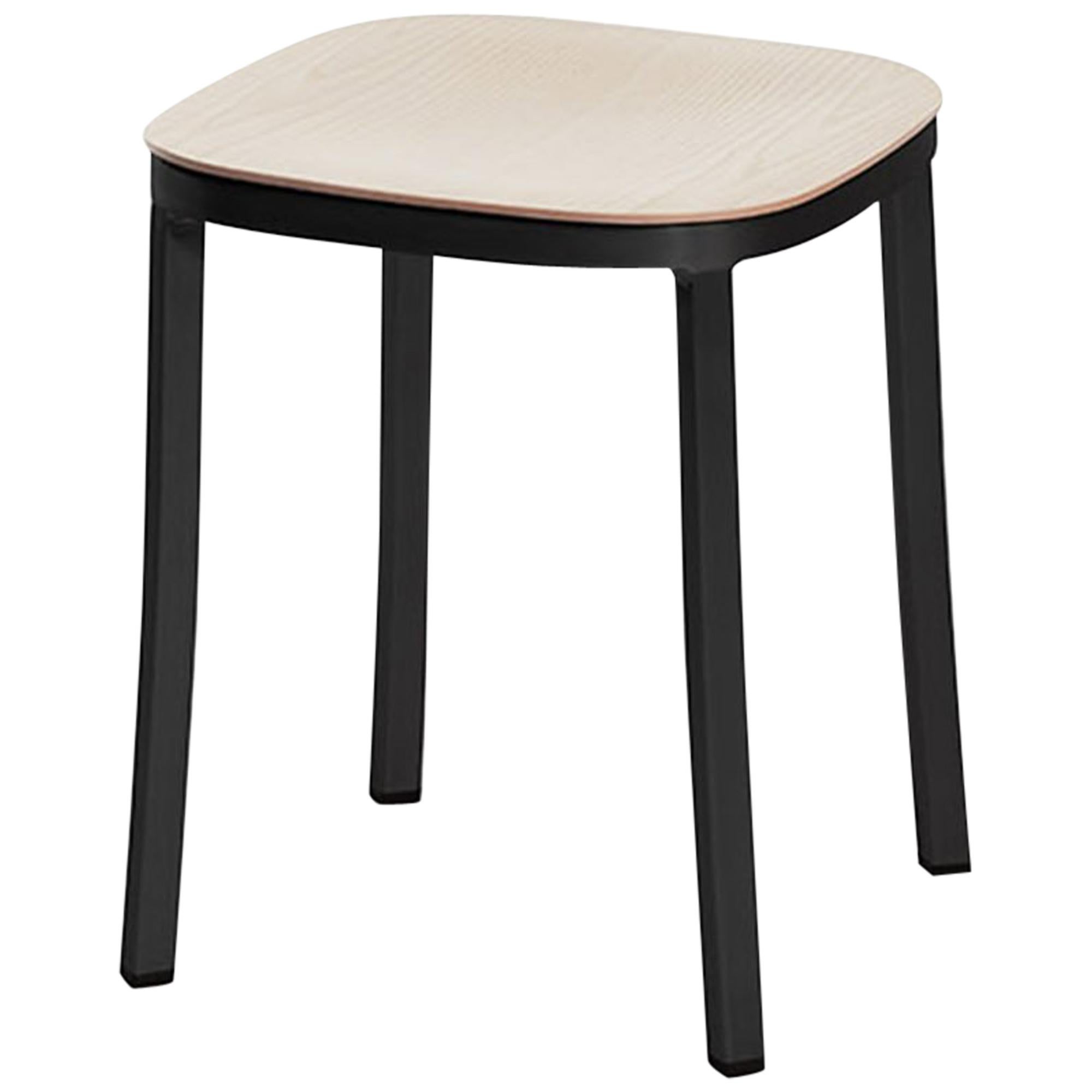 Emeco 1 Inch Small Stool in Dark Powder-Coated Aluminum & Ash by Jasper Morrison For Sale