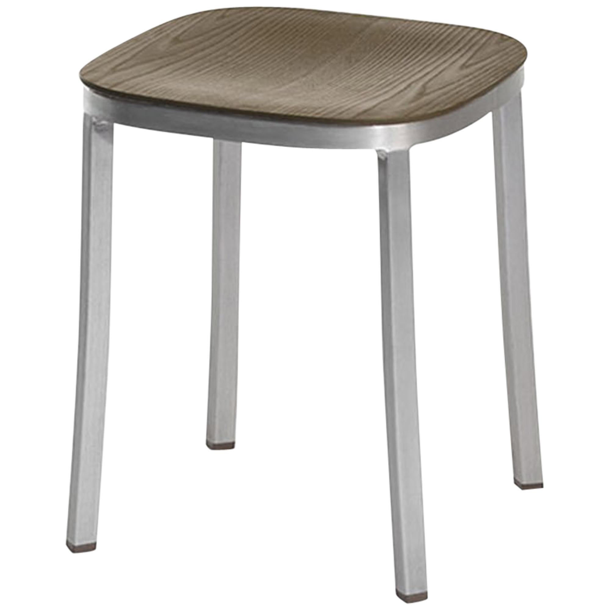 Emeco 1 Inch Small Stool in Brushed Aluminium and Walnut by Jasper Morrison For Sale