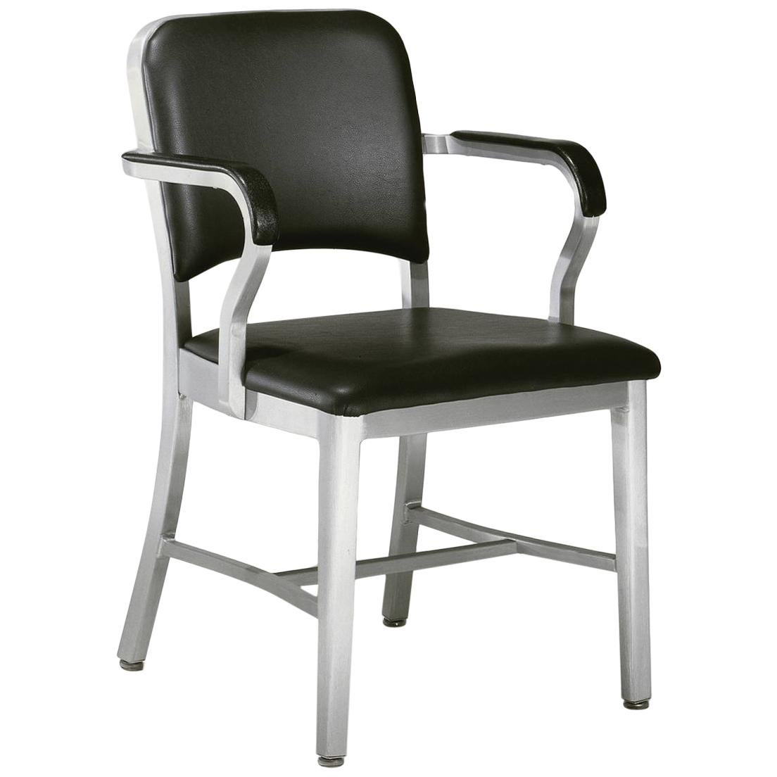 Emeco Navy Armchair in Brushed Aluminum and Black Upholstery by US Navy
