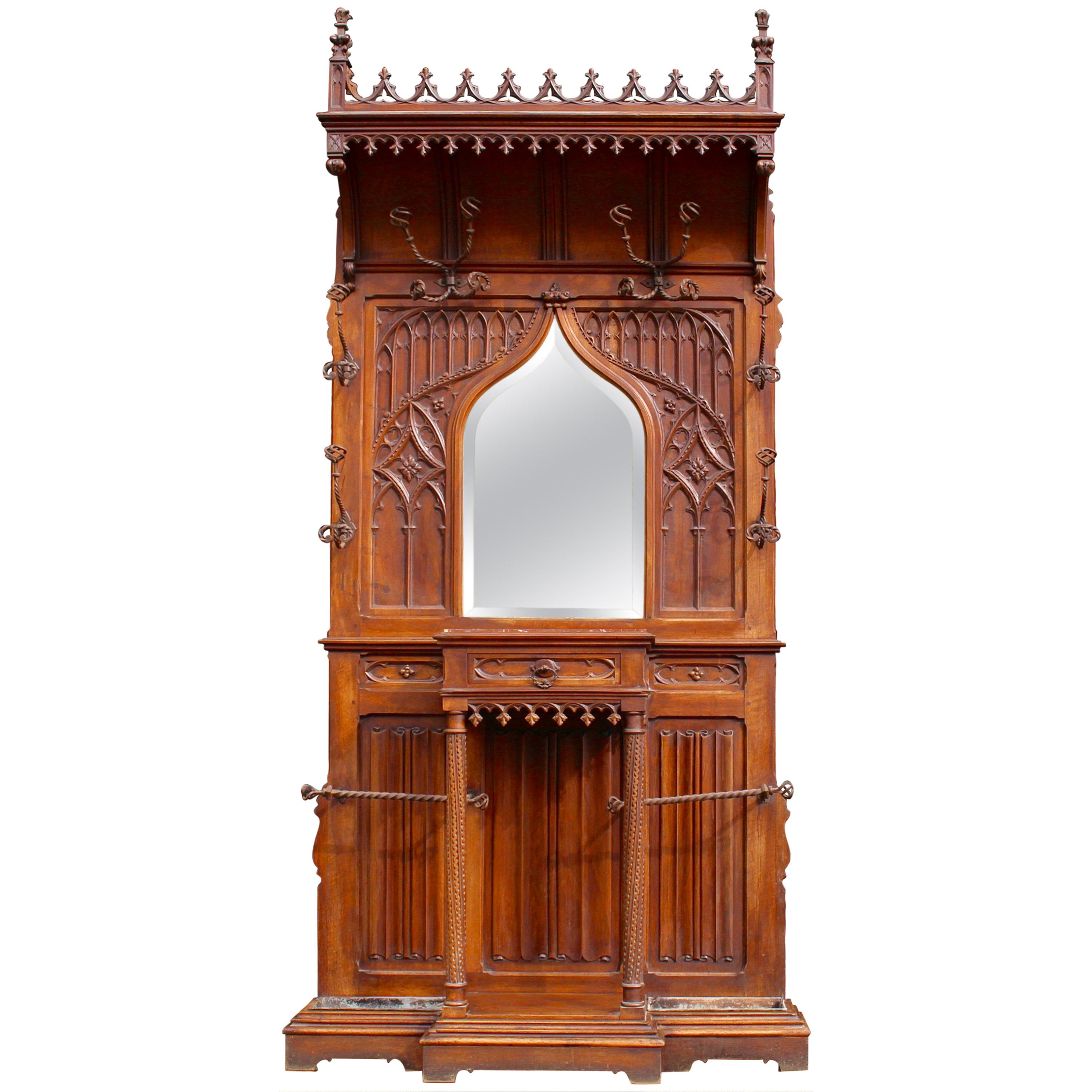 Continental Gothic Revival Carved Walnut Hall Stand, circa 1890