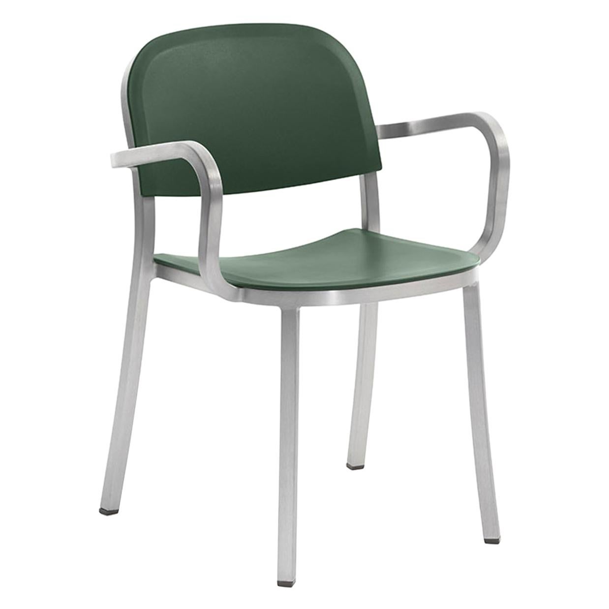 Emeco 1 Inch Armchair in Brushed Aluminum and Green by Jasper Morrison