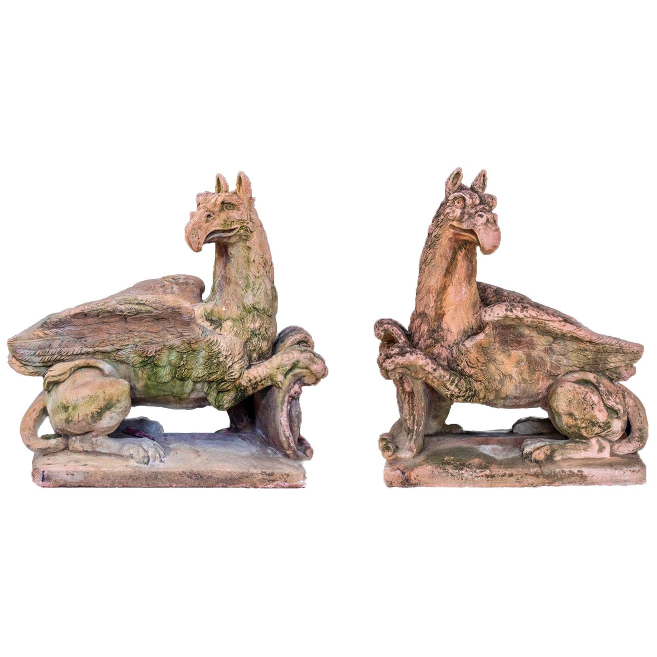 Pair of Large Griffins Sculptures in Terracotta Style Stone, 1940s