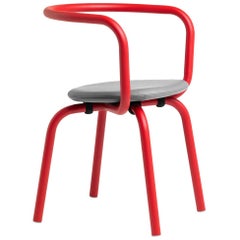 Emeco Parrish Side Chair in Red Powder-Coat and Gray Leather by Konstantin Grcic
