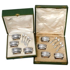 Compere Rare French Sterling Silver 18k Gold Eight Salt Cellars, Spoons, Boxes