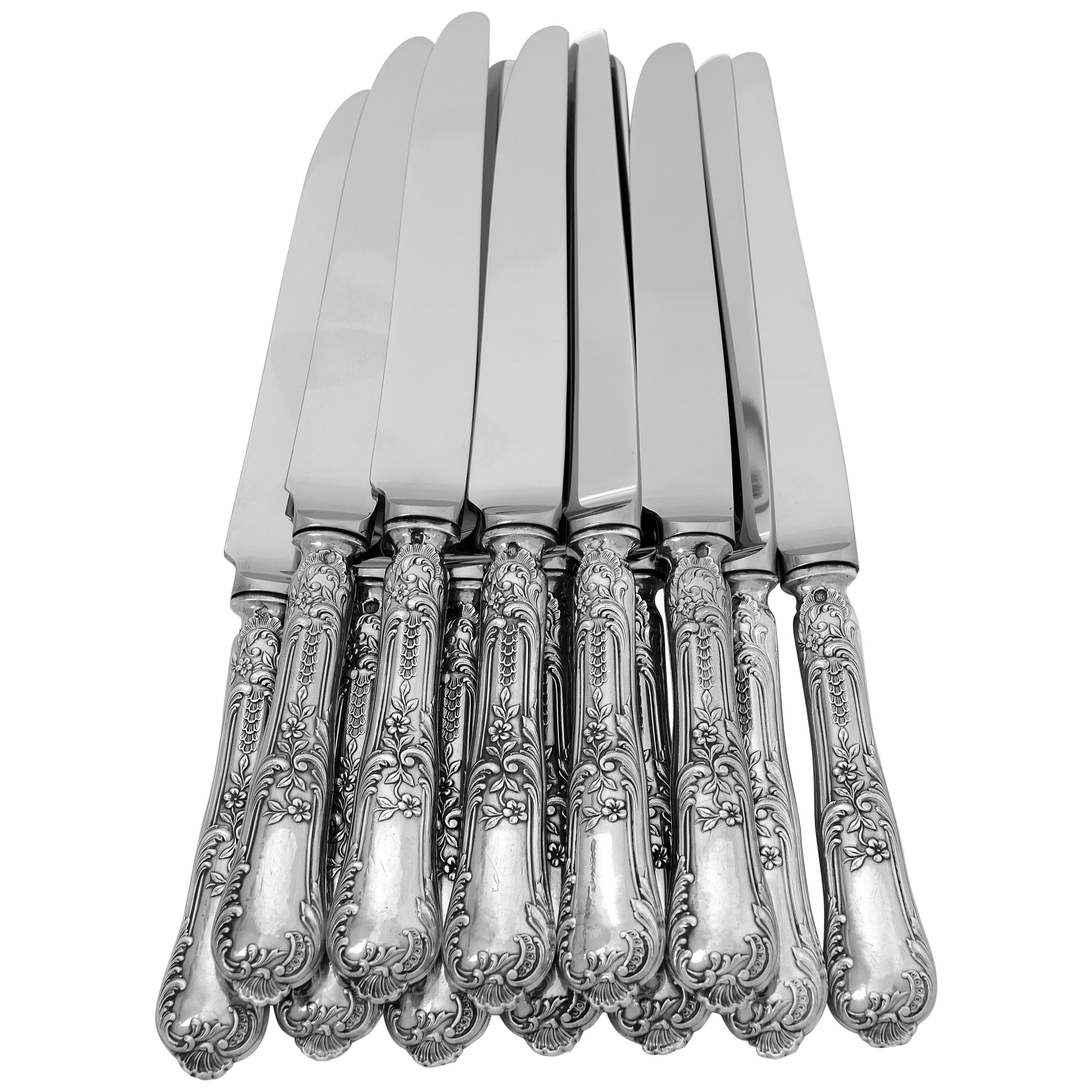 Boulenger French Sterling Silver Dinner Knife Set 12 Piece New Stainless Blades For Sale