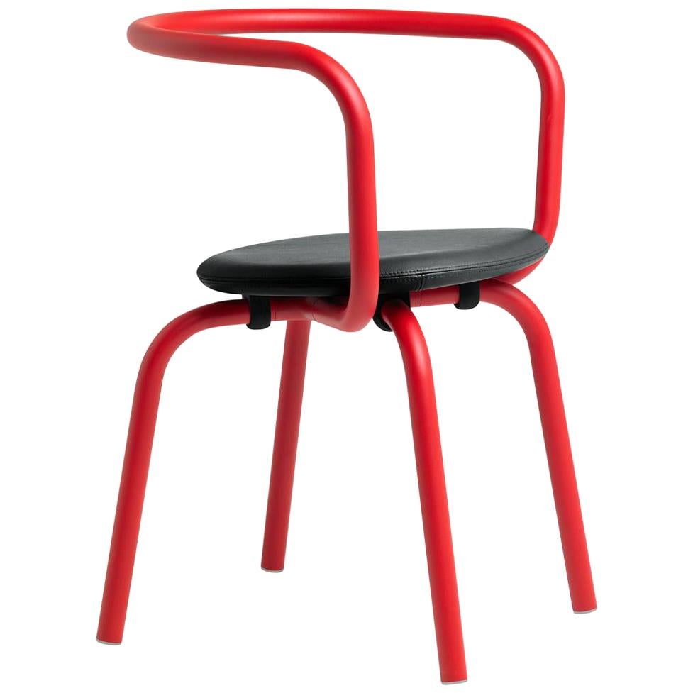 Emeco Parrish Side Chair in Red Powder-Coat & Black Leather by Konstantin Grcic