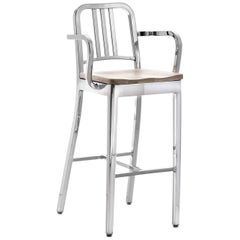 Emeco Navy Barstool with Arms in Polished Aluminum and Ash by US Navy