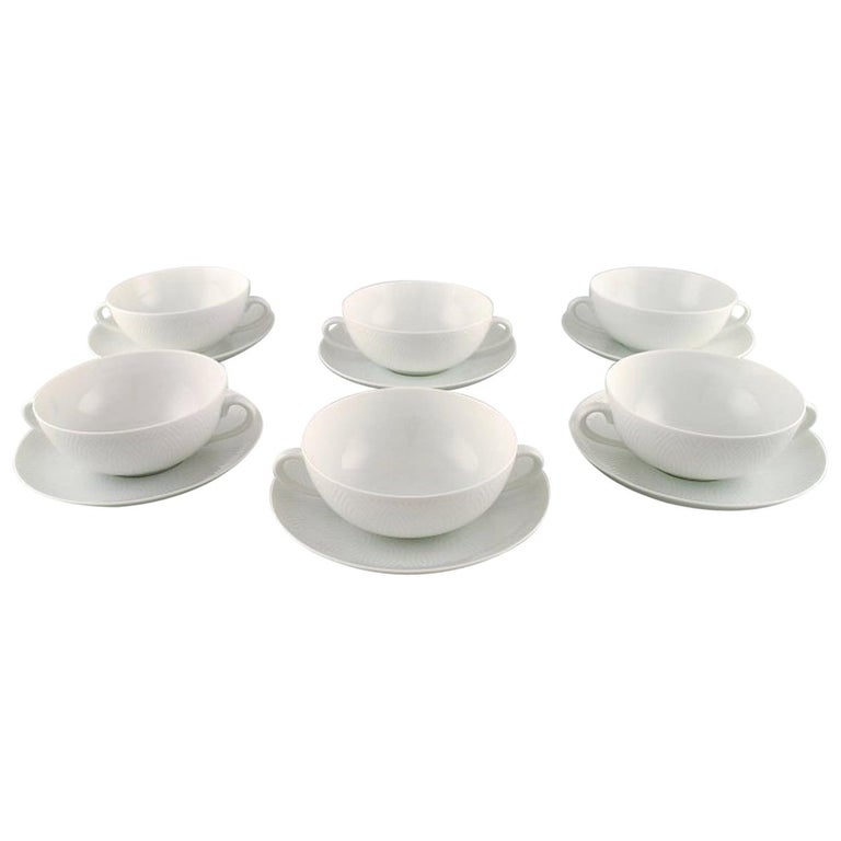 Royal Copenhagen Salto Service, White, Set of 6 Boullion Cups with Saucers For Sale