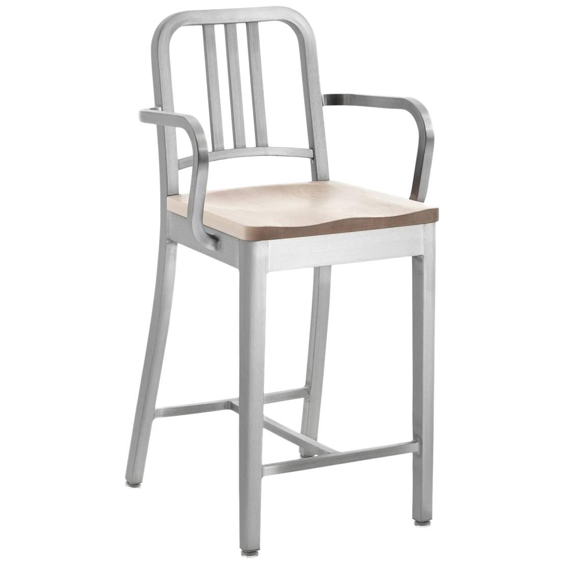 Emeco Navy Counter Stool With Arms In Brushed Aluminum And Walnut By Us