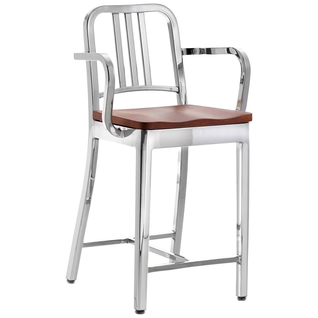 Emeco Navy Counter Stool with Arms in Polished Aluminum and Cherry by US Navy