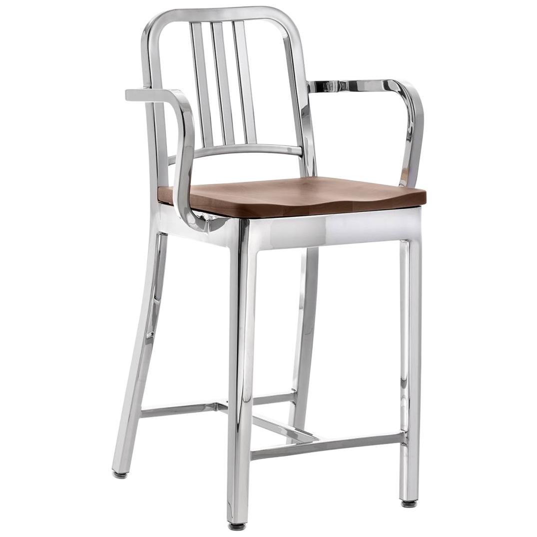 Emeco Navy Counter Stool with Arms in Polished Aluminum and Walnut by US Navy