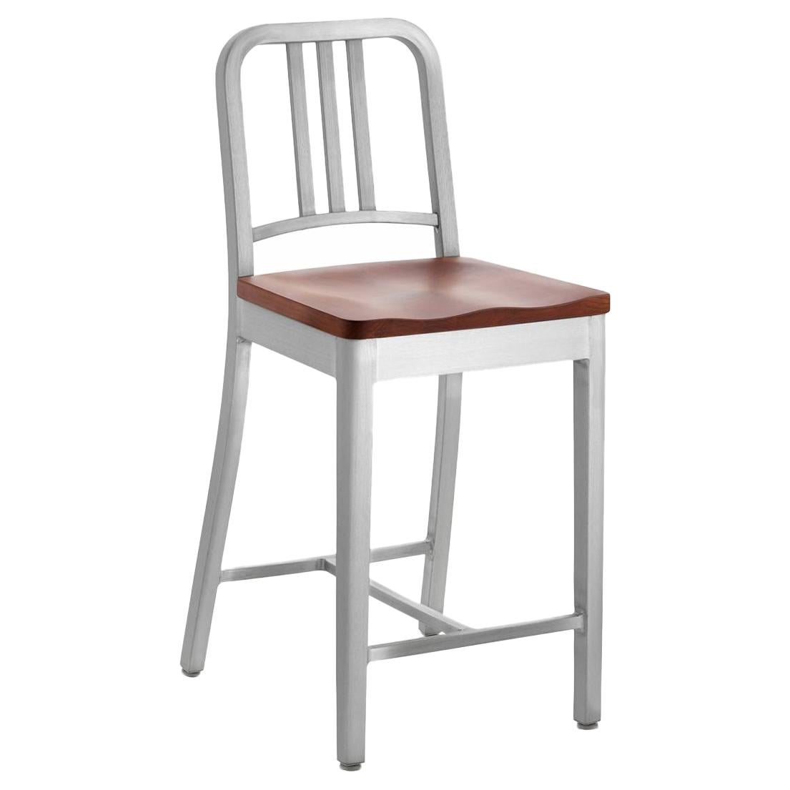 Emeco Navy Counter Stool in Brushed Aluminum and Cherry by US Navy For Sale