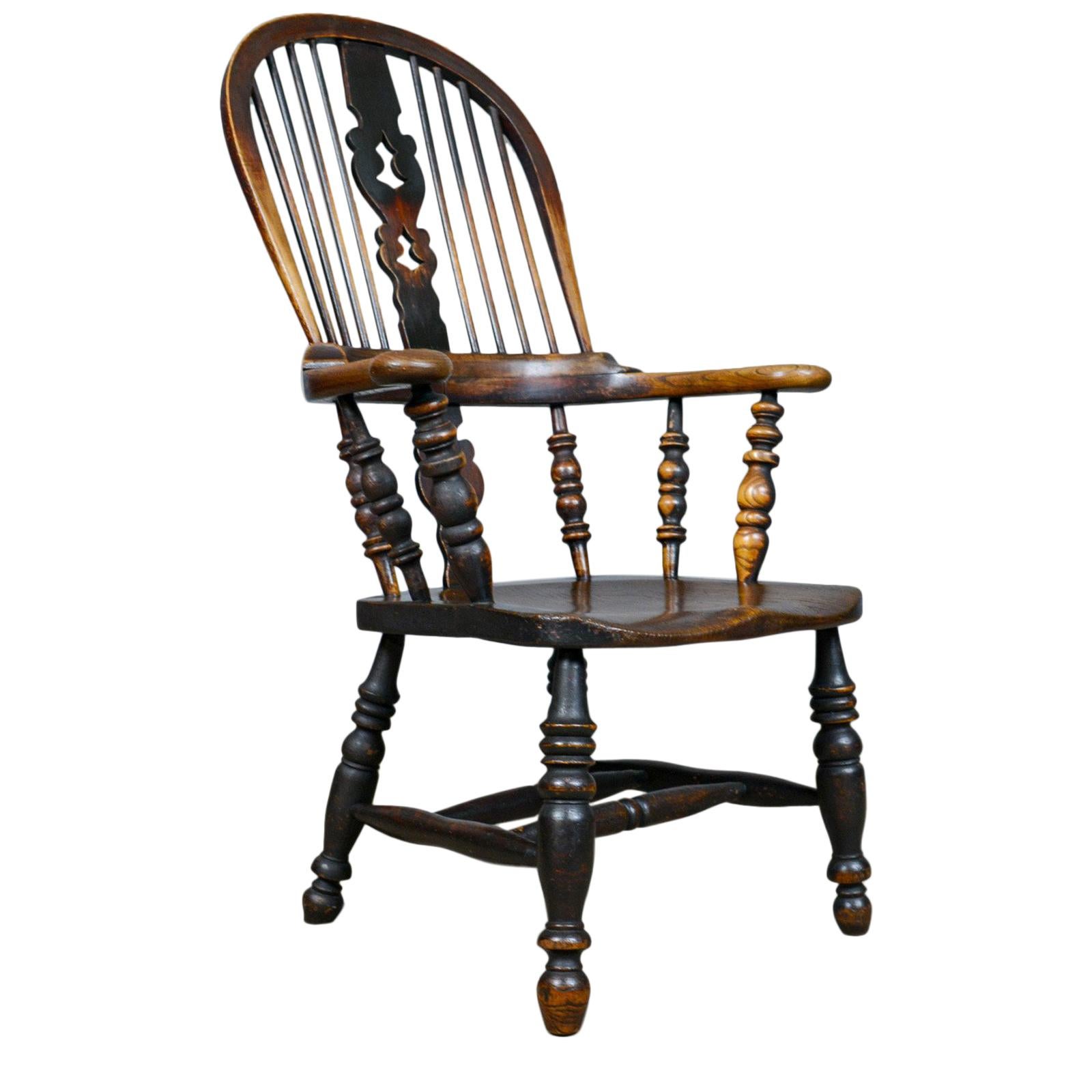 Antique Windsor Broad Arm Elbow Chair, English, Victorian, Elm, Ash, circa 1850