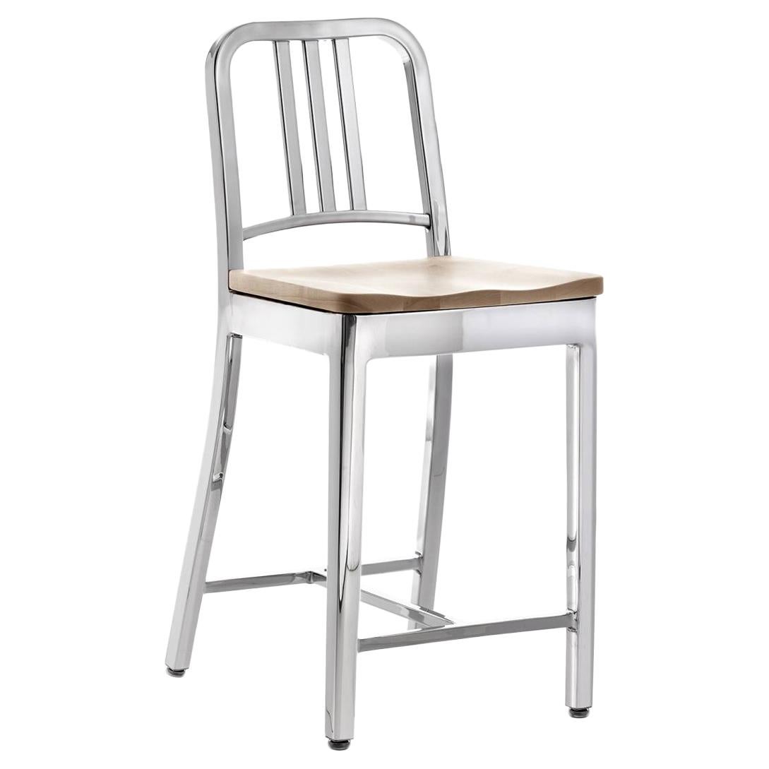 Emeco Navy Counter Stool in Polished Aluminum and Ash by US Navy For Sale