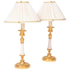 Pair of Louis XVI Style Candlesticks in Gilt Bronze and White Marble, circa 1880