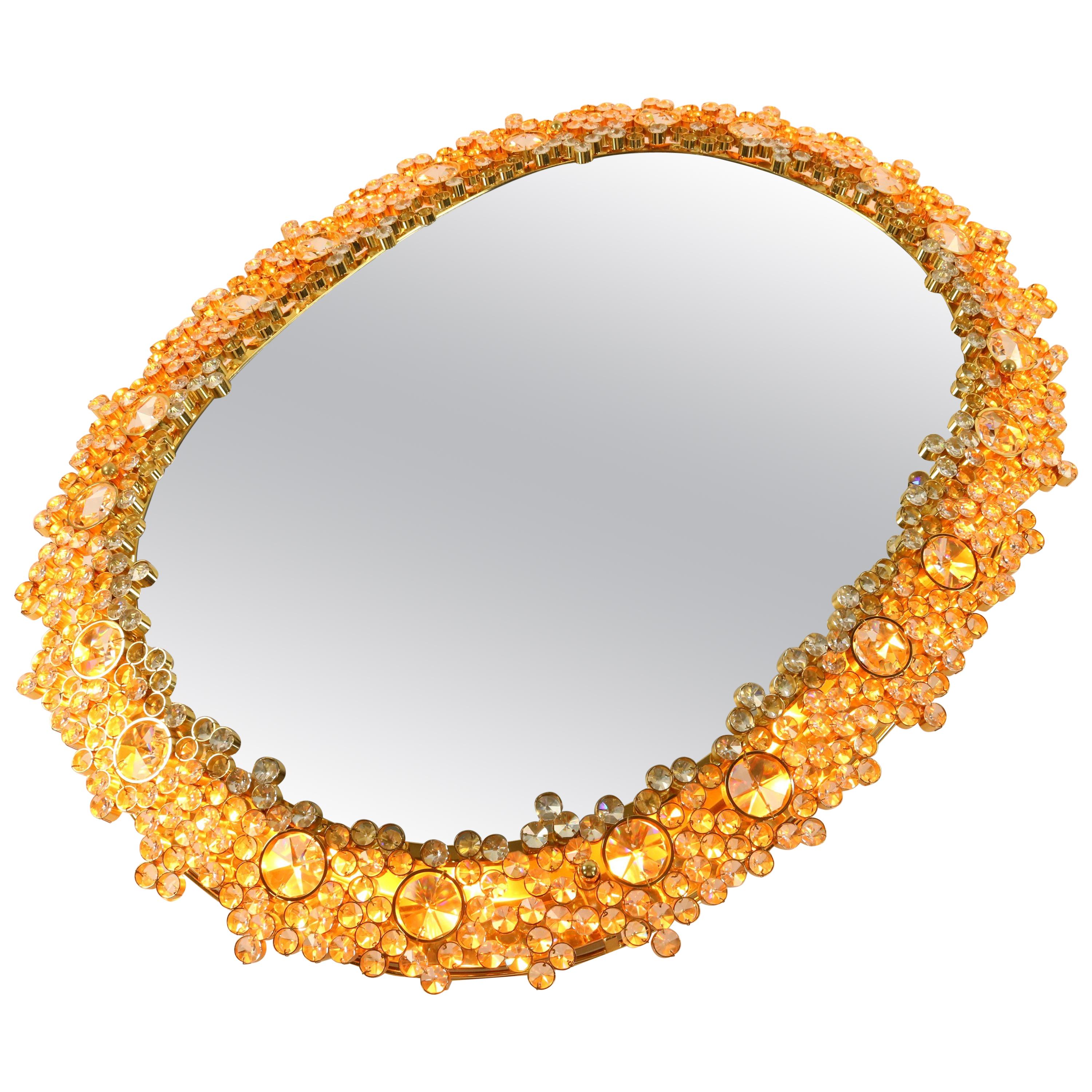 Iluminated Palwa Mirror Faceted Glass Diamonds in Gilded Brass, 1960s Vintage im Angebot