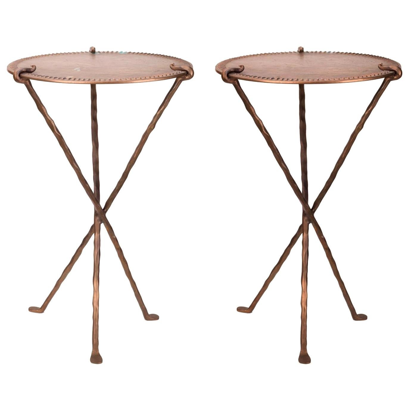 1950s French Pair of Bronze Design Tables with Three Crossed Legs