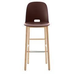 Tabouret de bar Emeco Alfi en marron et frêne avec haut dossier par Jasper Morrison