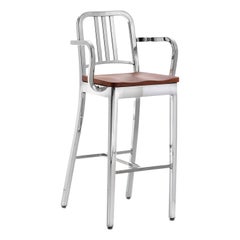 Emeco Navy Barstool with Arms in Polished Aluminum and Cherry by US Navy