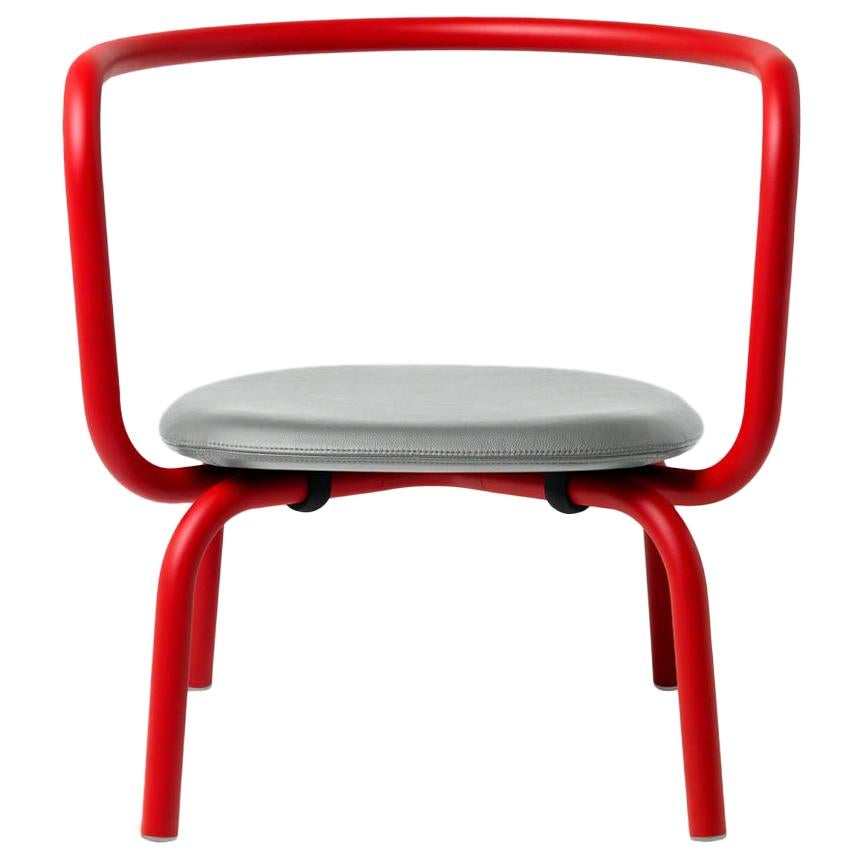 Emeco Parrish Lounge Chair in Red Powder-Coat & Gray Leather by Konstantin Grcic
